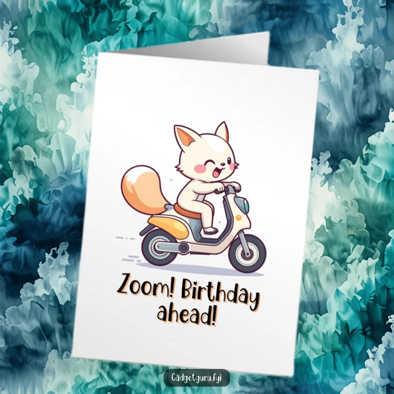 Funny Free Printable Birthday Card: An energetic animal character zooms past on a tiny, futuristic scooter with a smile.