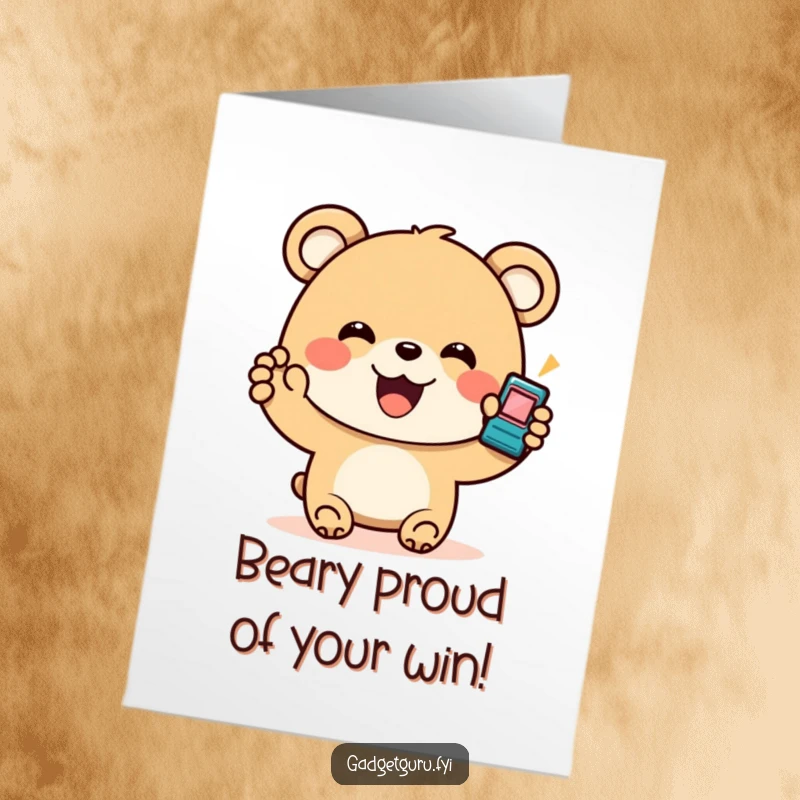 Funny Free Printable Congrats Card: A bear holding a small, blinking gadget, signaling congratulations.