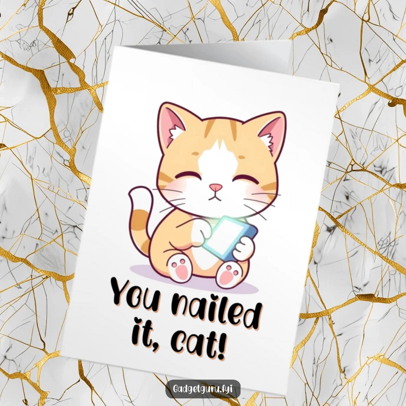 Funny free printable congratulations card: a curious cat intensely paws at a tiny, glowing screen, capturing modern fascinations.