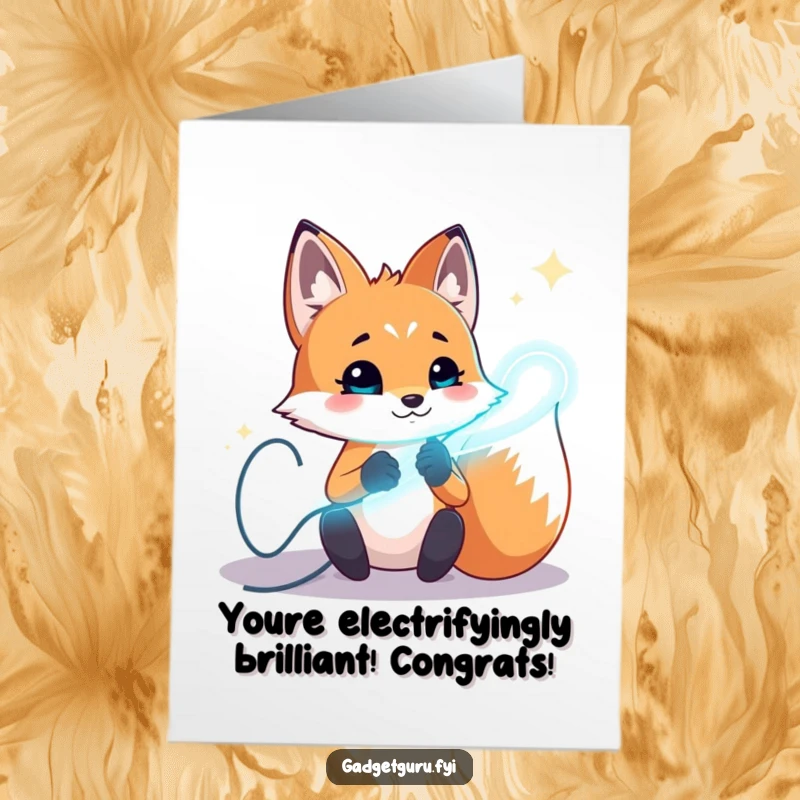 Funny Free Printable Congratulations Card: A playful fox character experimenting with glowing wires, signifying a bright achievement.