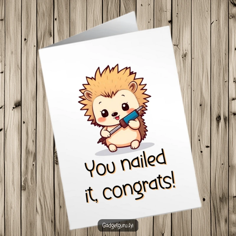 Funny Free Printable Congrats Card: A spiky hedgehog using a tiny soldering iron to celebrate.