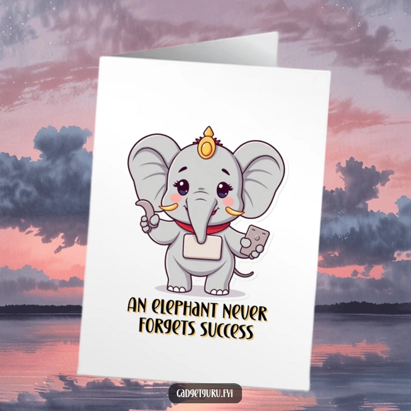 Funny free printable congratulations card: A wise elephant expertly demonstrates a compact new device, celebrating your brilliant success.