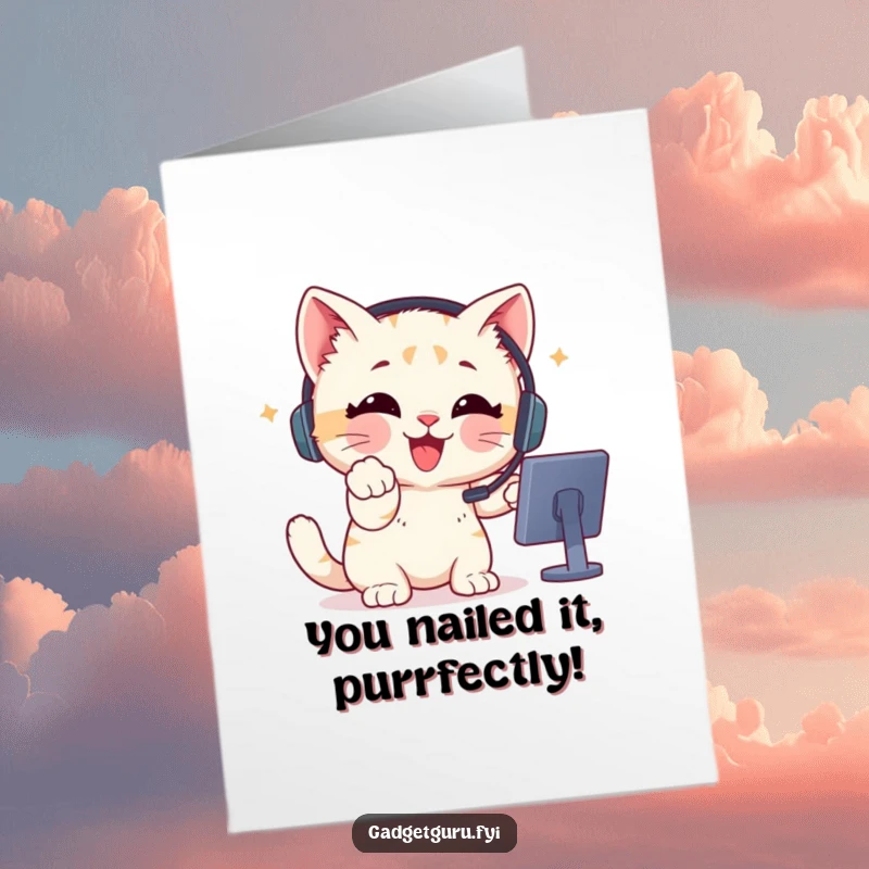 Funny Free Printable Congratulations Card: A kitten in a headset enthusiastically points at a screen, celebrating a success.