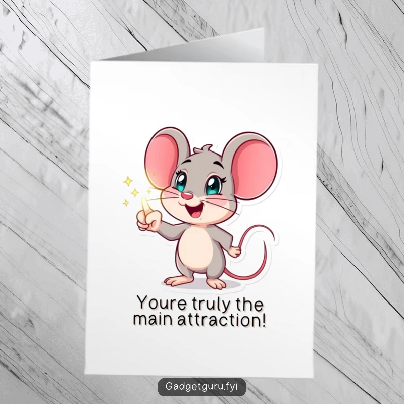 Funny Free Printable Congrats Card: Excited mouse pointing at a holographic display, unique downloadable art.