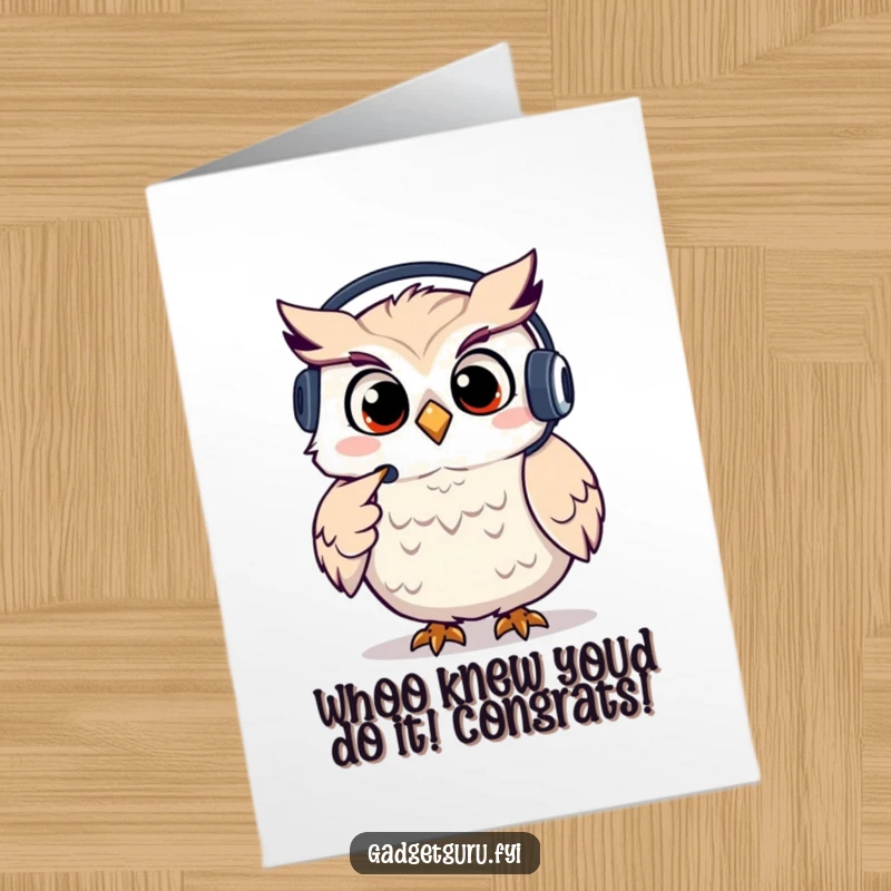 Funny Free Printable Congratulations Card: A giggling owl character in a headset pointing, celebrating a successful outcome.