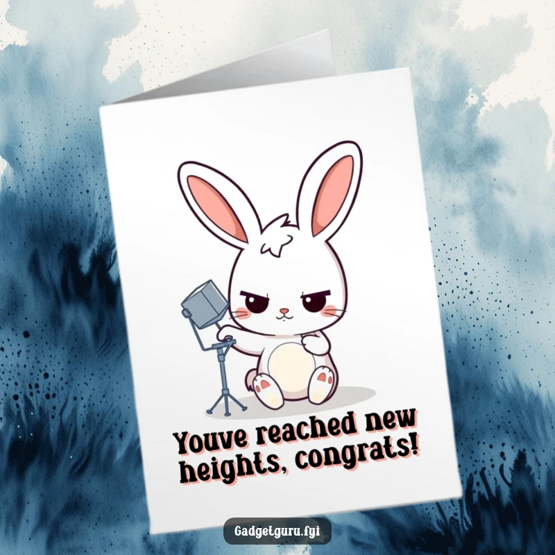 Funny Free Printable Congrats Card: Determined rabbit adjusting a miniature satellite dish, unique downloadable art.
