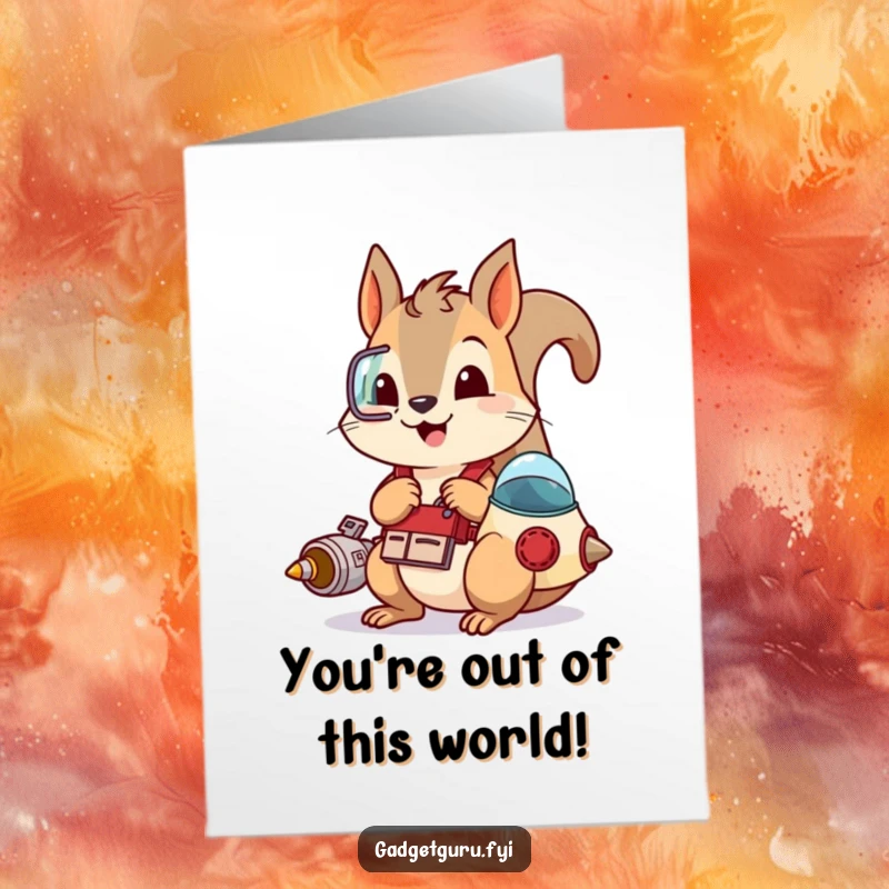 Funny Free Printable Congratulations Card: A playful squirrel in a tool belt, tinkering with a tiny spaceship, celebrating a successful mission.