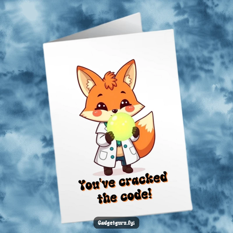 Funny Free Printable Congratulations Card: Expert fox scientist in lab coat offers glowing orb of success, perfect for any achievement.