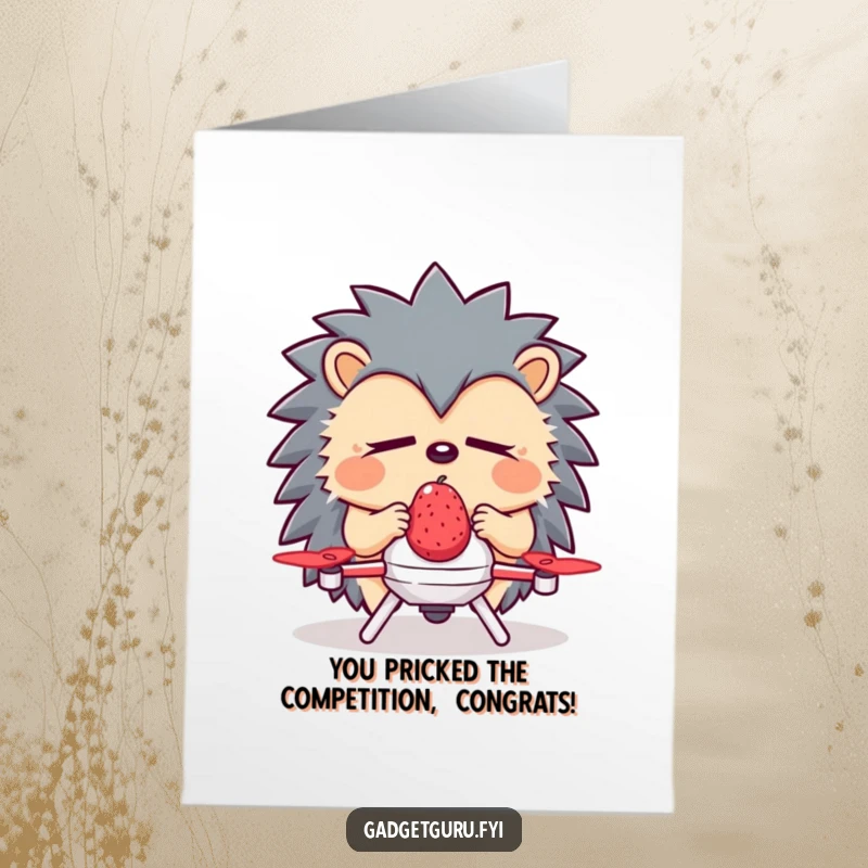 Funny Free Printable Hedgehog Congratulations Card: Sleepy hedgehog using a drone for berry delivery, a cute downloadable greeting.