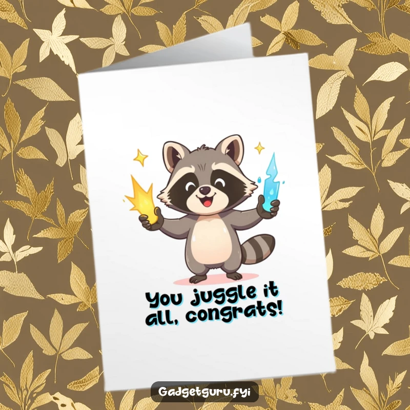 Funny Free Printable Raccoon Congratulations Card: Happy raccoon juggling glowing power sources, an energetic downloadable greeting.