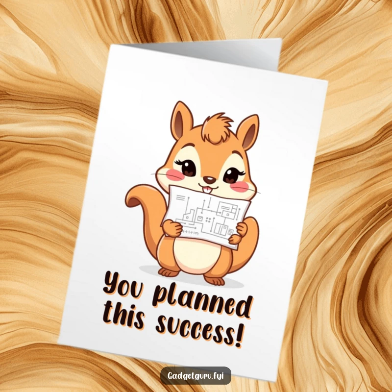 Funny free printable congratulations card of a cheerful squirrel holding a blueprint with determination, celebrating a successfully completed project.
