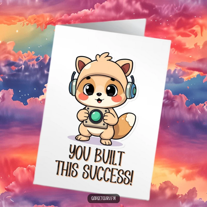 Funny Free Printable Congratulations Card: Cheerful animal proudly holds up a newly assembled whimsical gadget, celebrating an accomplishment.