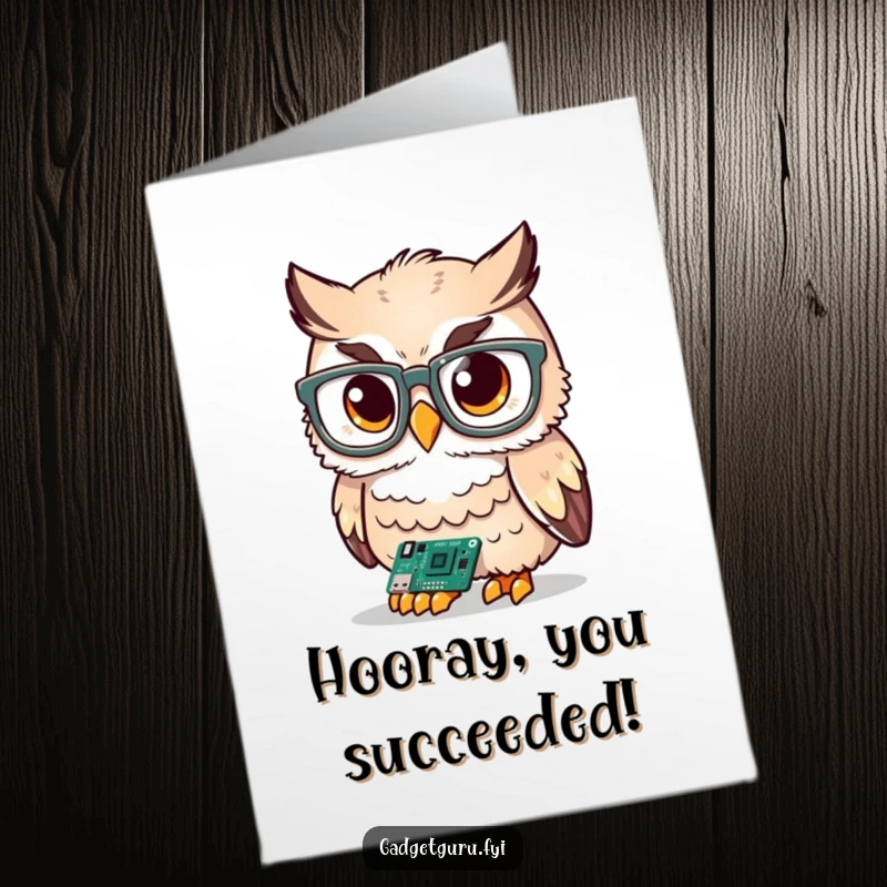 Funny free printable congratulations card showing a cute owl with big glasses analyzing a circuit board, perfect for a tech-savvy congratulation.