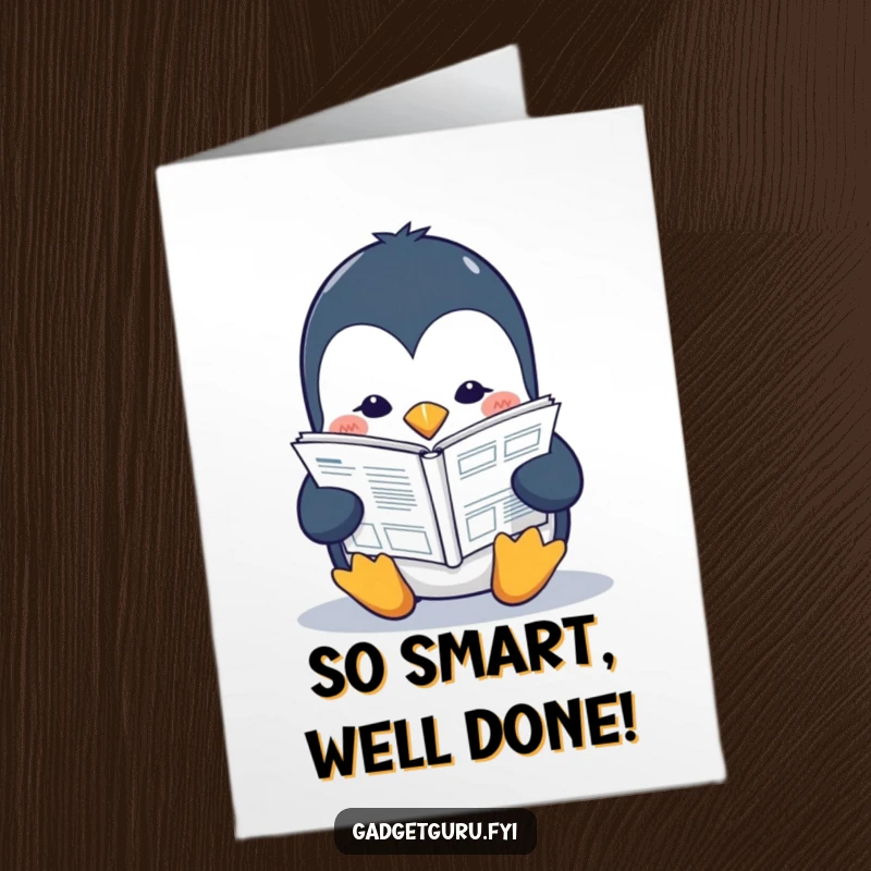 Funny Free Printable Congratulations Card: Studious penguin reading a tiny tech manual, celebrating a smart success.