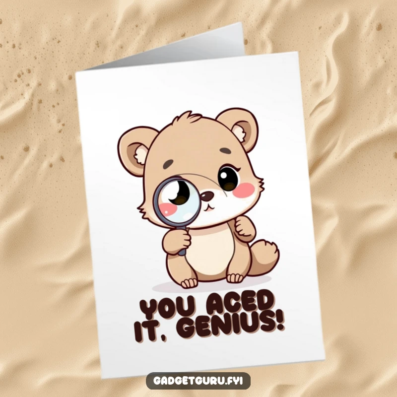 Funny Free Printable Congrats Card: Thoughtful animal with magnifying glass examines a diagram, celebrating a clever success.