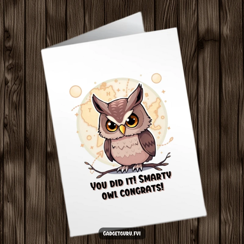 Funny Free Printable Owl Congratulations Card: Curious owl navigating a glowing map, perfect for celebrating success.