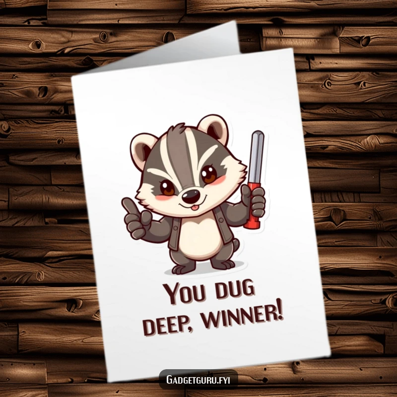 Funny Free Printable Congratulation Card: Determined badger giving a confident thumbs-up with a tool, celebrating success.