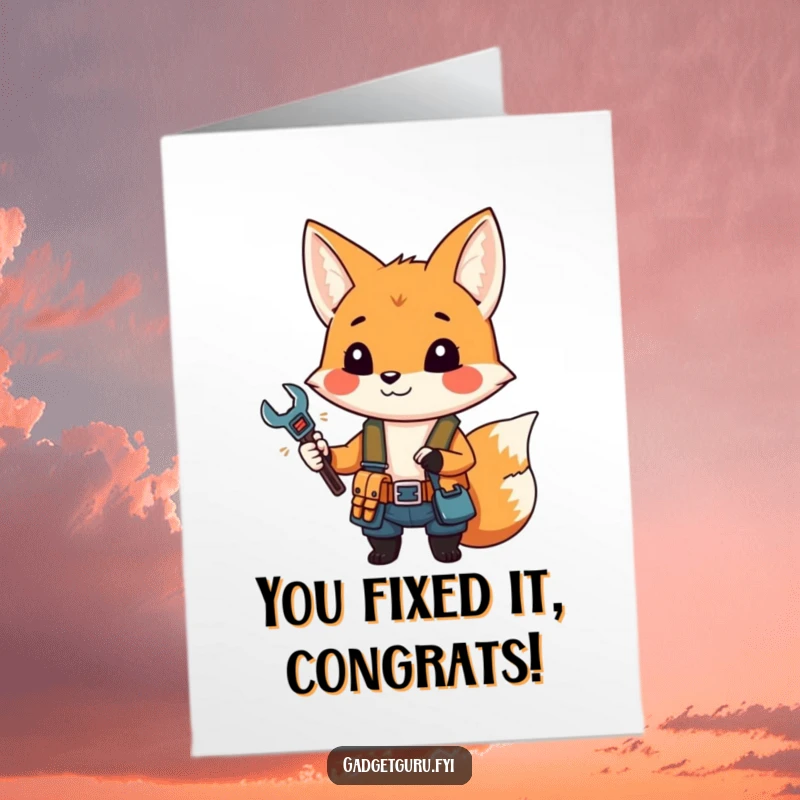 Funny free printable congratulations card: a small fox with a tool belt and miniature wrench celebrates a successful project completion.