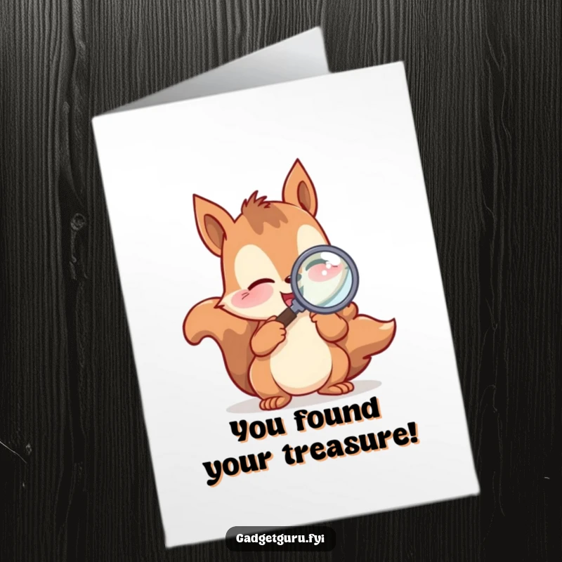 Funny Free Printable Congratulations Card showing a squirrel excitedly examining details with a magnifying glass, celebrating discovery.