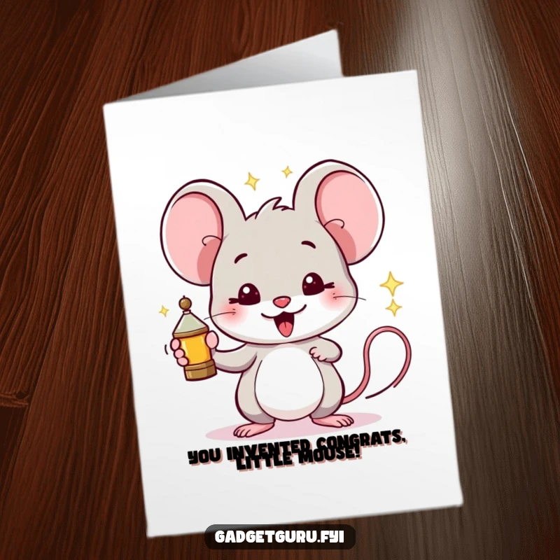 Funny Free Printable Mouse Congratulations Card: Proud mouse holding a sparking miniature invention, a brilliant downloadable greeting.