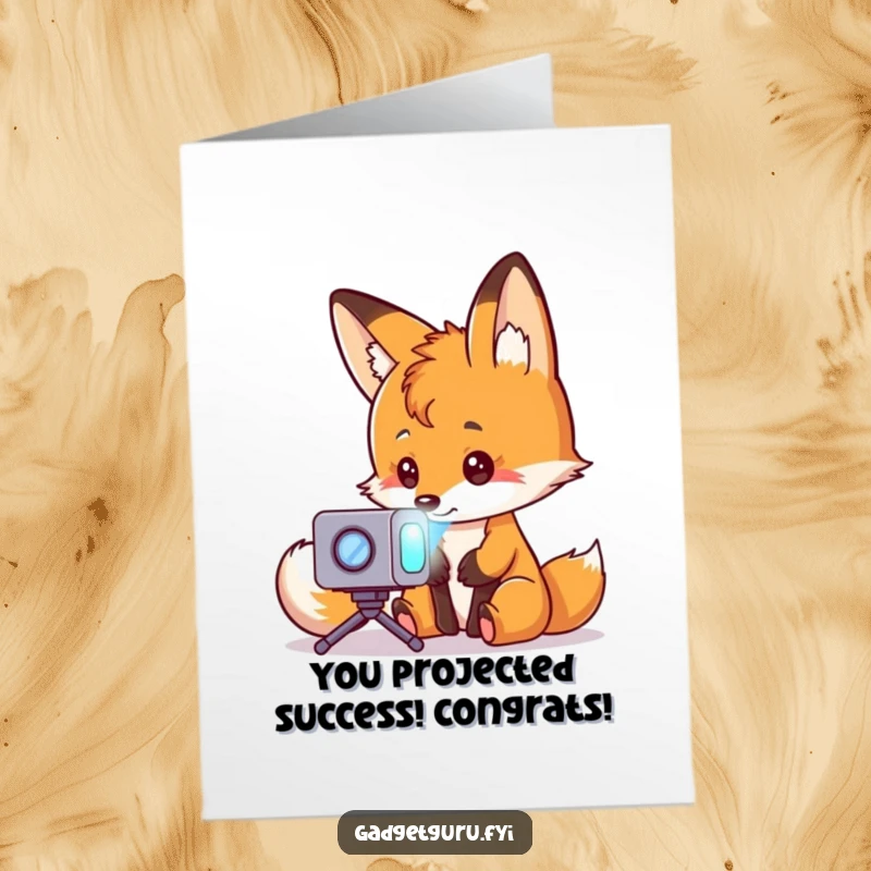 Funny Free Printable Congrats Card: A clever fox with glasses examines a tiny hologram projector, celebrating a brilliant success with humor.