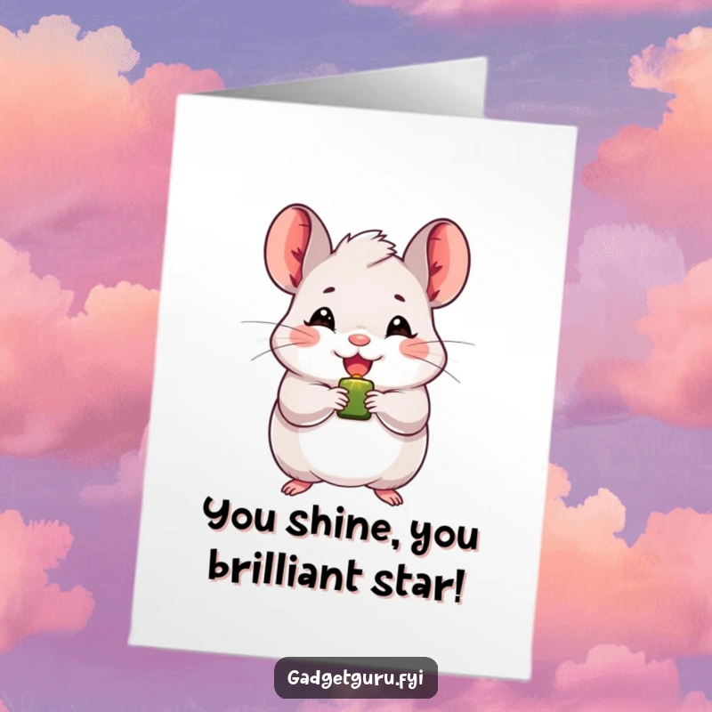 Funny Free Printable Congratulations Card: Jubilant chinchilla holding a tiny blinking light, celebrating an achievement.