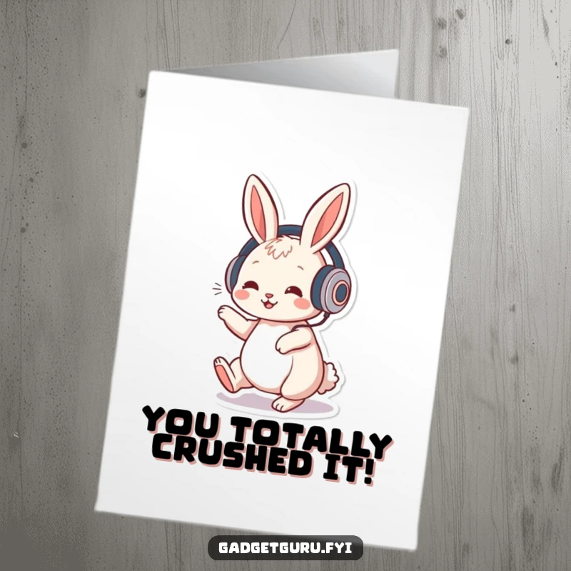 Funny Free Printable Congratulations Card: Playful rabbit in headphones tapping foot to music, celebrating a win. A groovy downloadable card.
