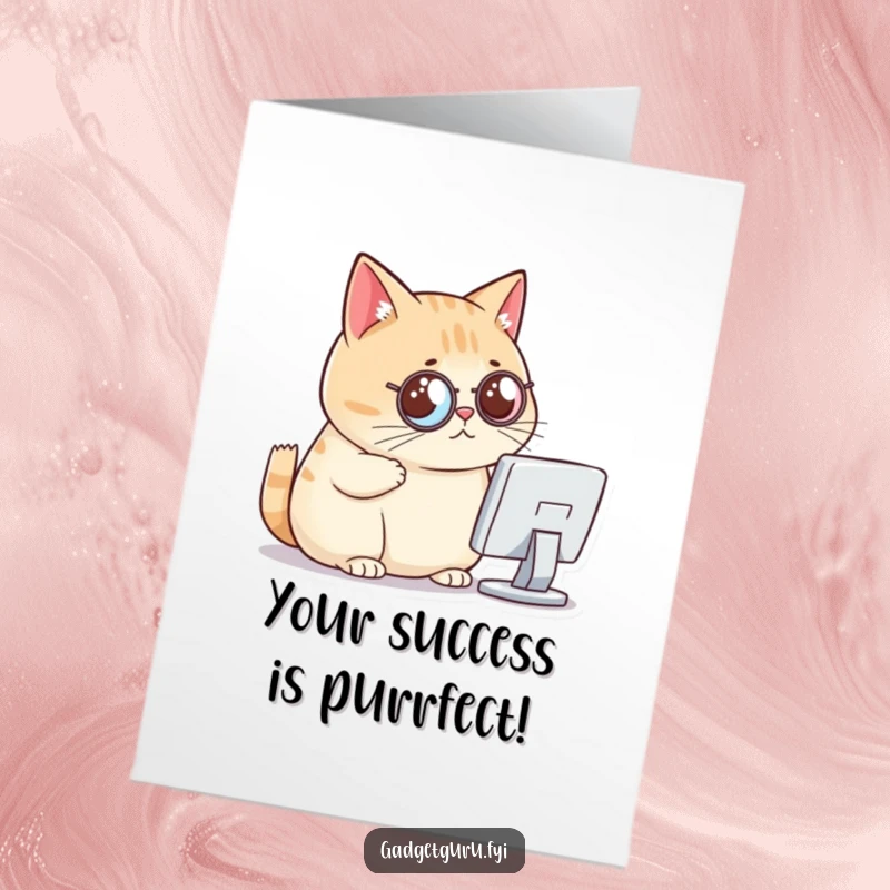 Funny Free Printable Congratulations Card: Cat wearing a monocle, critically examining a tiny computer screen, approving success.