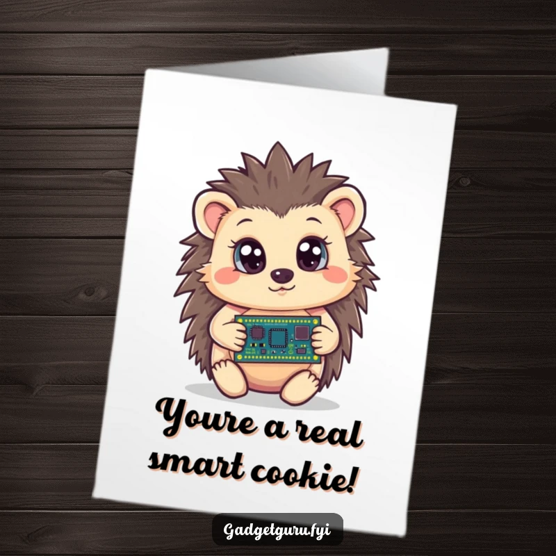 Funny Free Printable Congrats Card: Curious hedgehog wide-eyed holding a tiny circuit board, unique downloadable art.