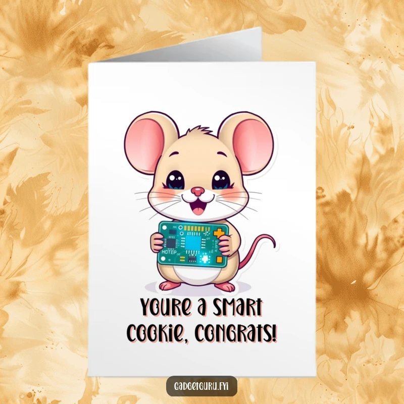 Funny Free Printable Congratulations Card: A delighted mouse proudly holds a tiny, blinking circuit board, signifying a brilliant success.
