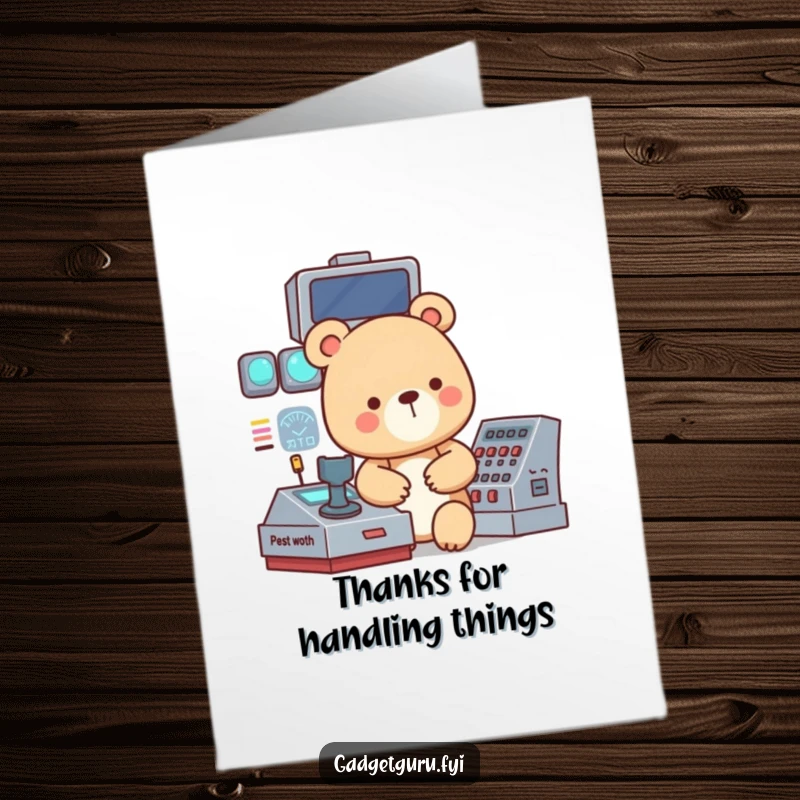 Funny Free Printable Thank You Card: Adorable bear character intently works a blinking control panel, expressing sincere thanks.