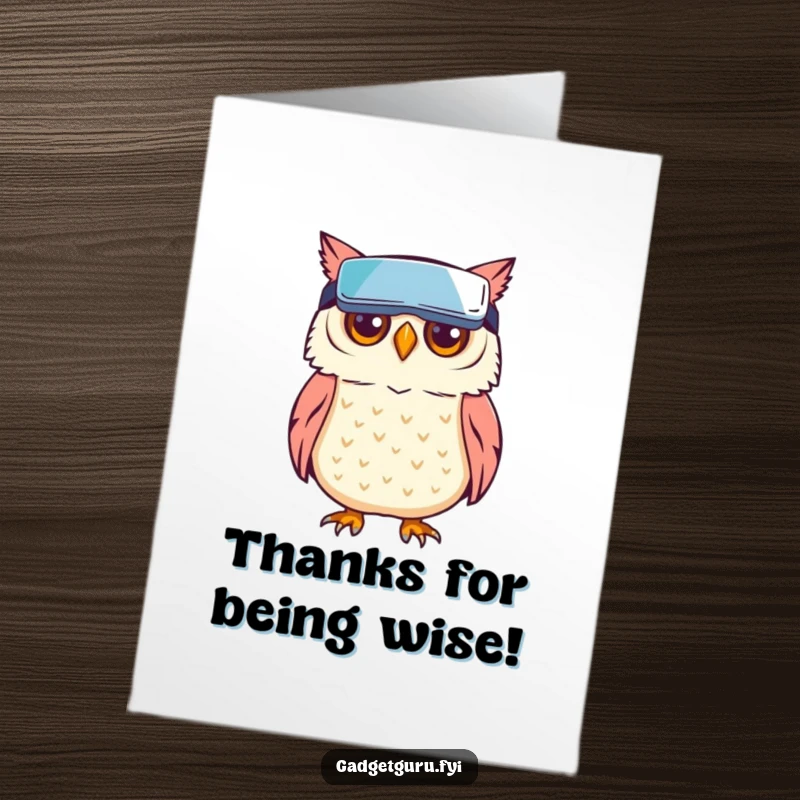 Funny Free Printable Thank You Card: A creative owl wearing miniature VR goggles projects a thank you message into a digital space.