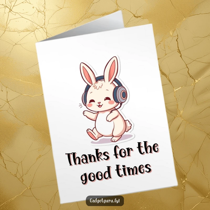 Funny Free Printable Thank You Card: Playful rabbit wearing headphones, tapping foot to music, expressing thanks. A cool downloadable card.