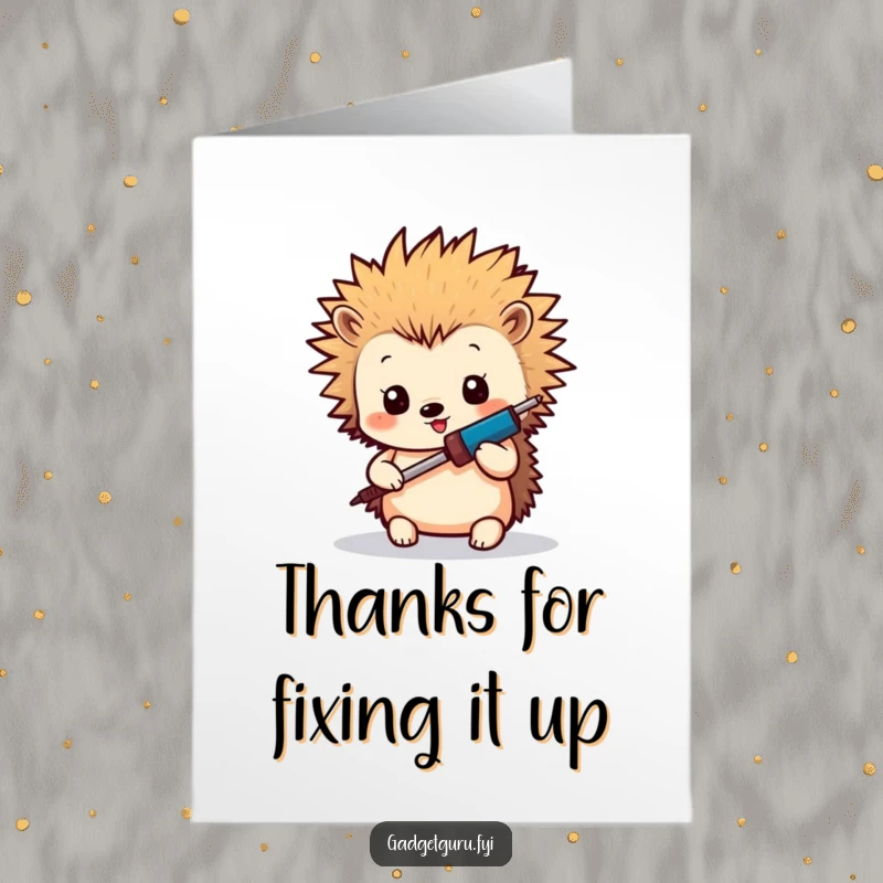 Funny Free Printable Thank You Card: A hedgehog with spiky hair holding a miniature soldering iron, saying thanks.