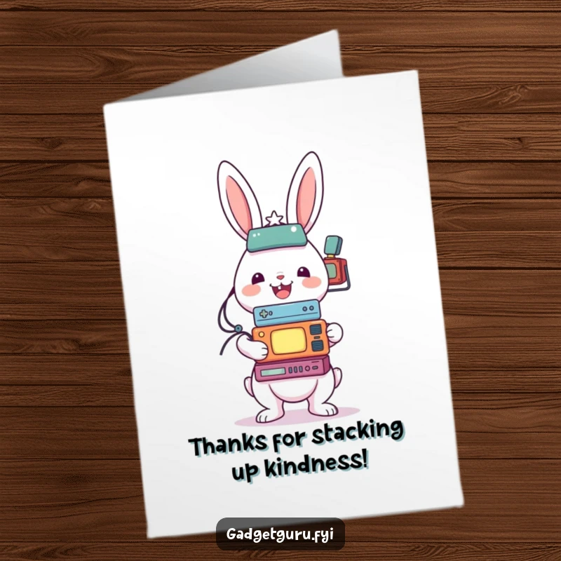 Funny Free Printable Thank You Card: Cheerful rabbit character struggling to balance a teetering stack of small gadgets, expressing thanks.