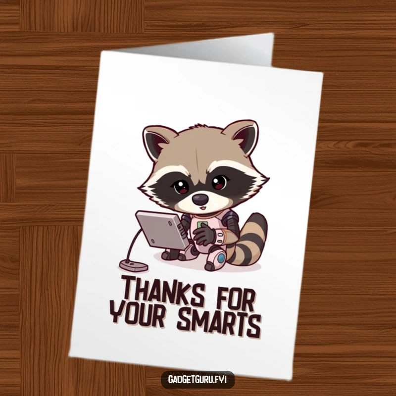 Funny free printable thank you card: A determined raccoon tinkers with a miniature robot, sending thanks with a clever smile.