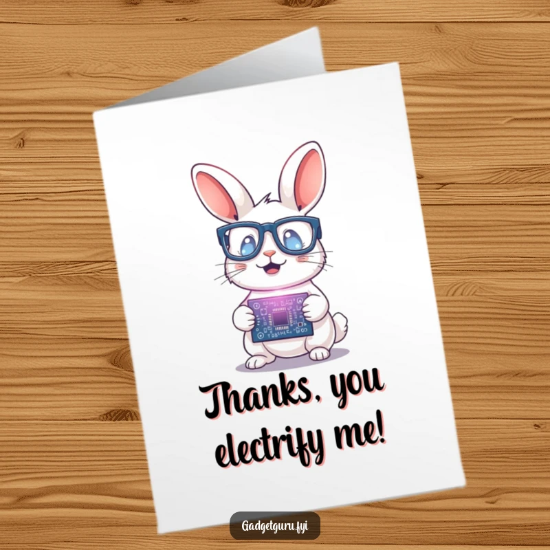 Funny Free Printable Thank You Card: Small rabbit with glasses holding a glowing circuit board, powered by gratitude.