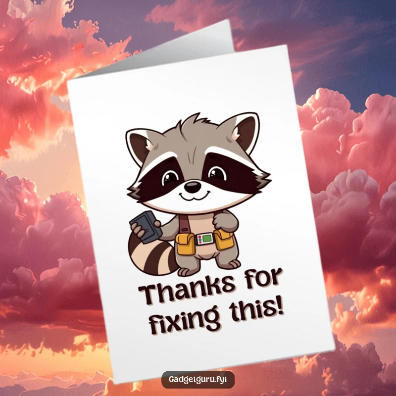 Funny Free Printable Thank You Card: Happy raccoon mechanic in tool belt, holding a wrench and a big smile.