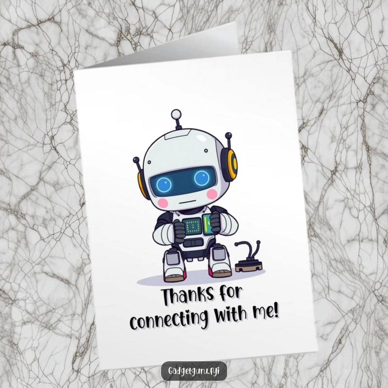 Funny Free Printable Thank You Card: A small robot character focused on building a tiny, luminous electronic circuit, a unique thanks.