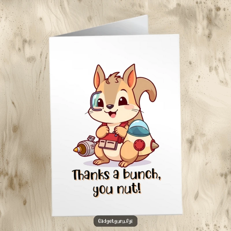 Funny Free Printable Thank You Card: A squirrel wearing a tool belt, diligently working on a small spaceship, expressing gratitude.