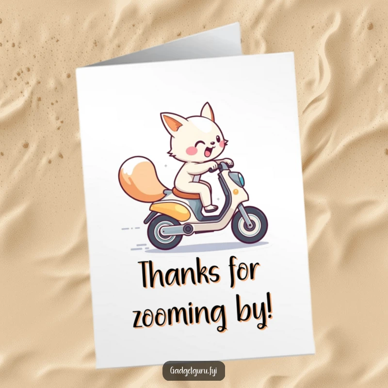 Funny Free Printable Thank You Card: An energetic animal character speeds past on a miniature futuristic scooter, conveying thanks.