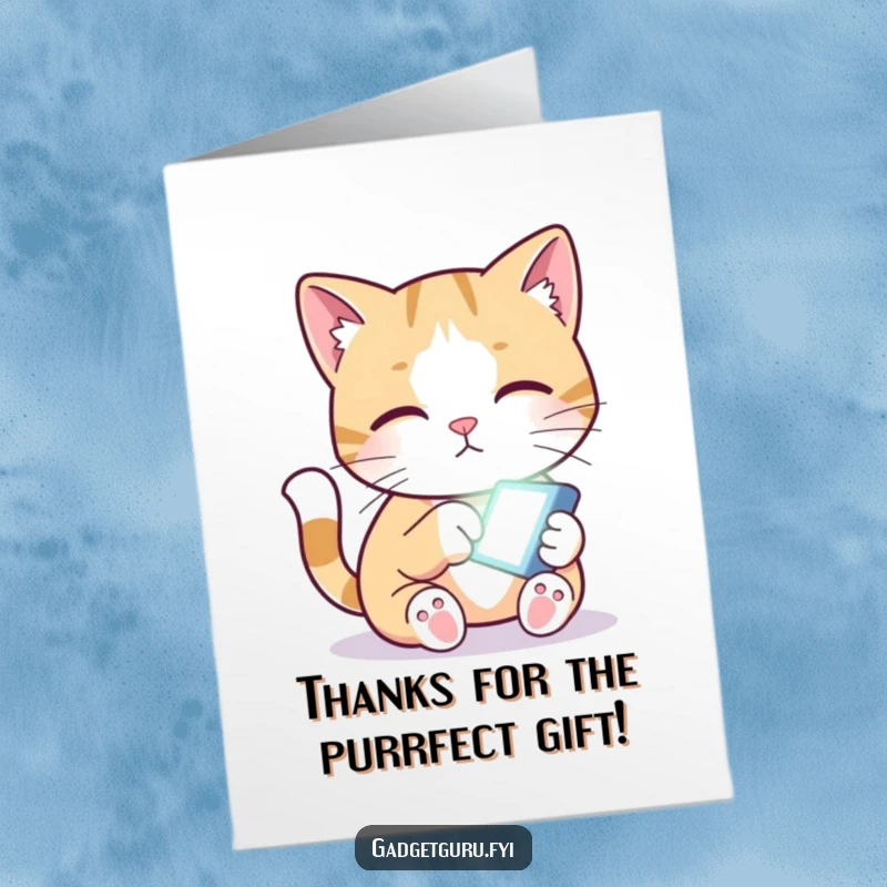 Funny free printable thank you card: a curious cat focuses intently on a tiny, glowing screen, expressing thanks digitally.