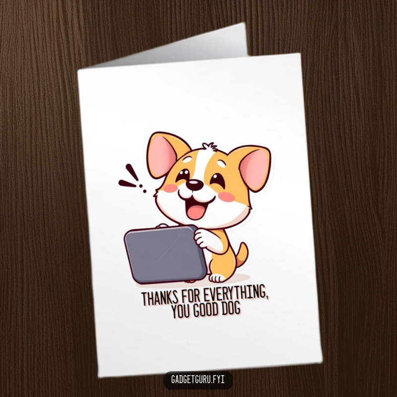 Funny Free Printable Dog Thank You Card: Cheerful dog showing off a gadget, a wagging, downloadable thank you.