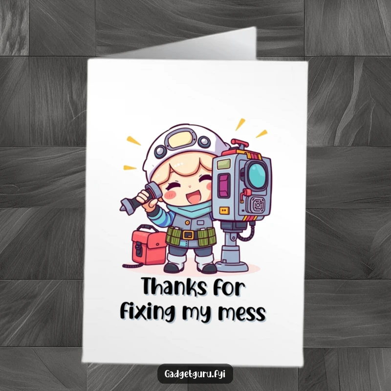 Funny Free Printable Thank You Card: Happy character with toolkit fixing a blinking light on a complex gadget, a DIY gift.