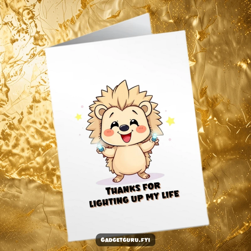 Funny Free Printable Thank You Card: Happy hedgehog juggling flashing LEDs, conveying sincere thanks. A charming and bright downloadable card.