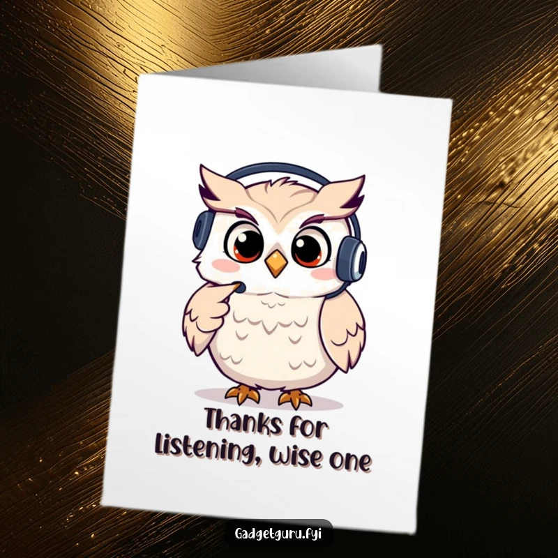 Funny Free Printable Thank You Card: A giggling owl character wearing a headset and pointing, expressing thanks.