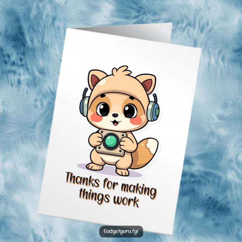 Funny Free Printable Thank You Card: Cheerful animal proudly holds up a newly assembled whimsical gadget, offering a creative thank you.