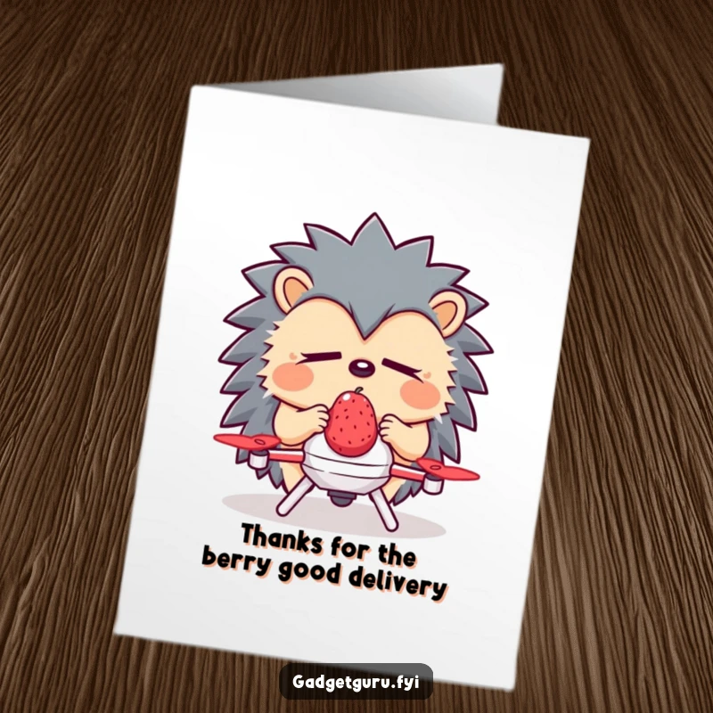 Funny Free Printable Hedgehog Thank You Card: Sleepy hedgehog with drone delivering a berry, a cute, downloadable thank you.