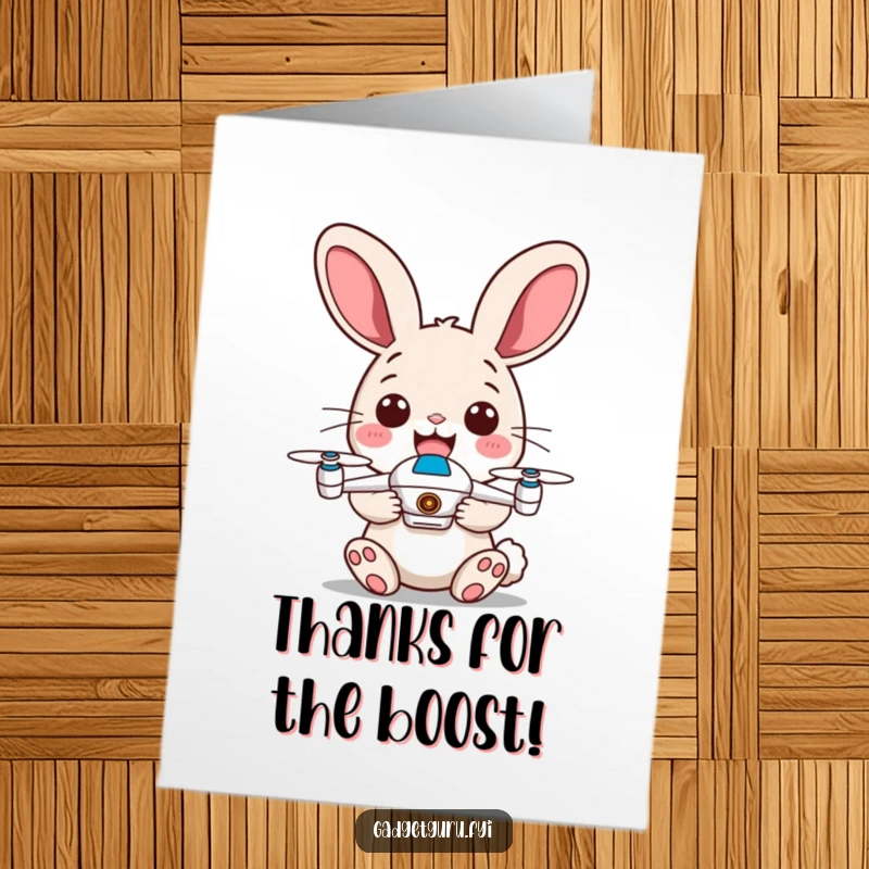 Funny free printable thank you card: a happy rabbit with energetic ears holds a tiny drone, ready to express gratitude humorously.