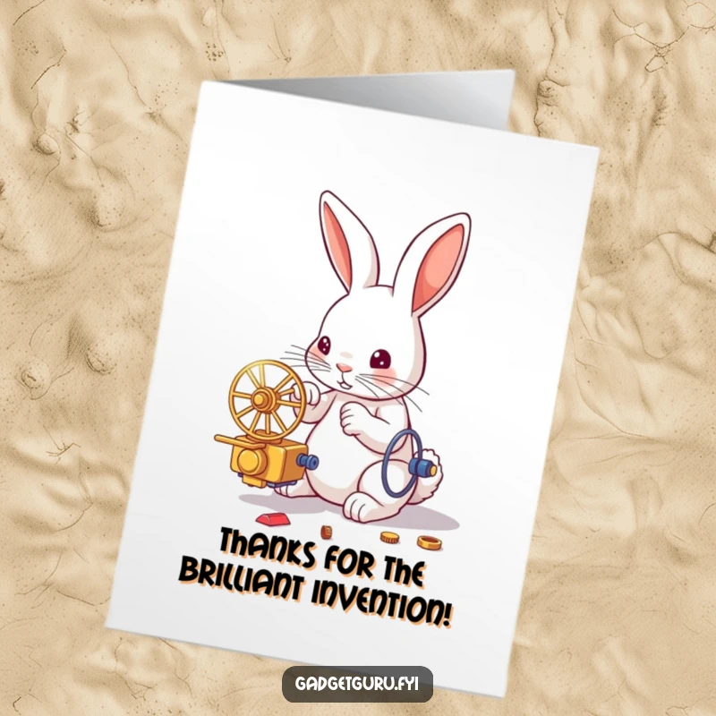Funny Free Printable Thank You Card: Rabbit holding a tiny wrench, presenting a complex, whirring invention.